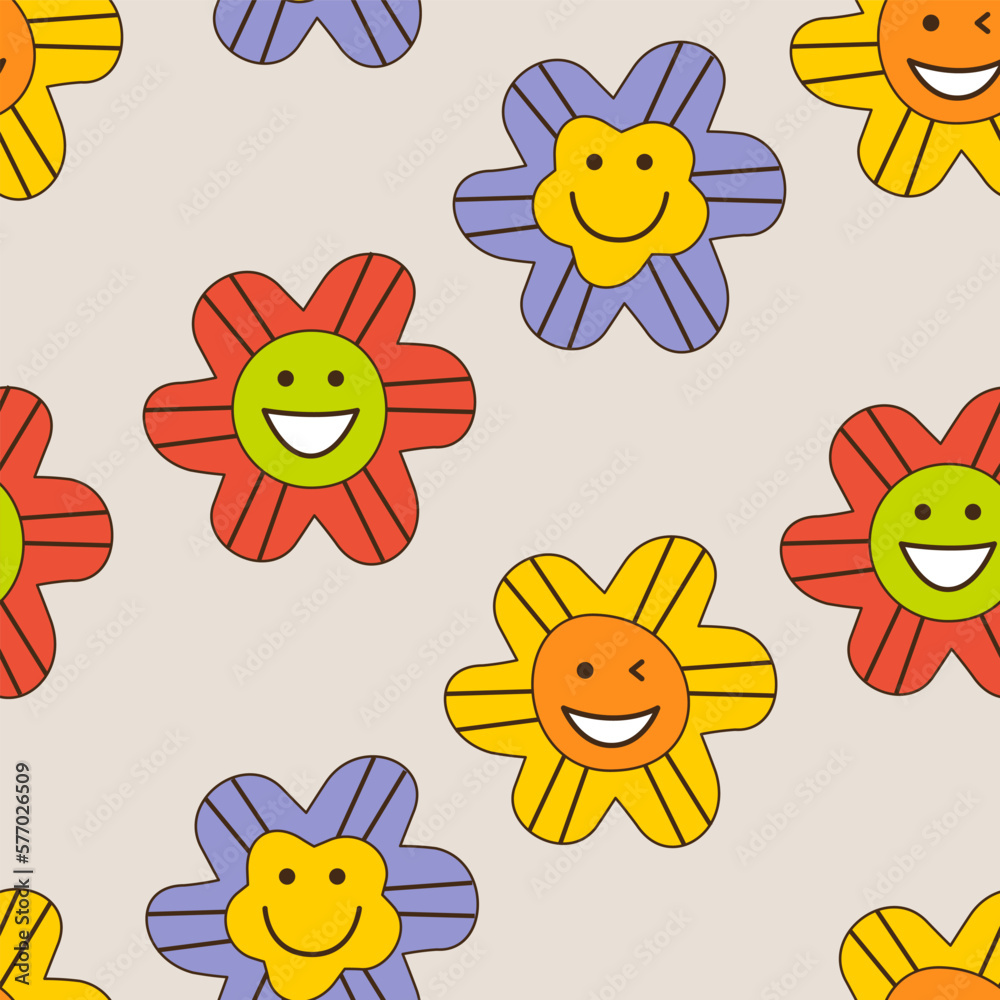 Smiling flower, abstract personage, mascot design, funny face, cute icon
