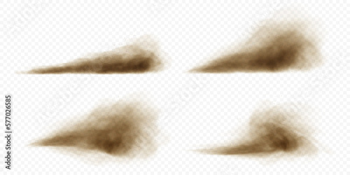 Brown dusty clouds or dry sand flying with a gust of wind. Sandstorm realistic textures with small particles or grains of sand. Vector realistic illustration