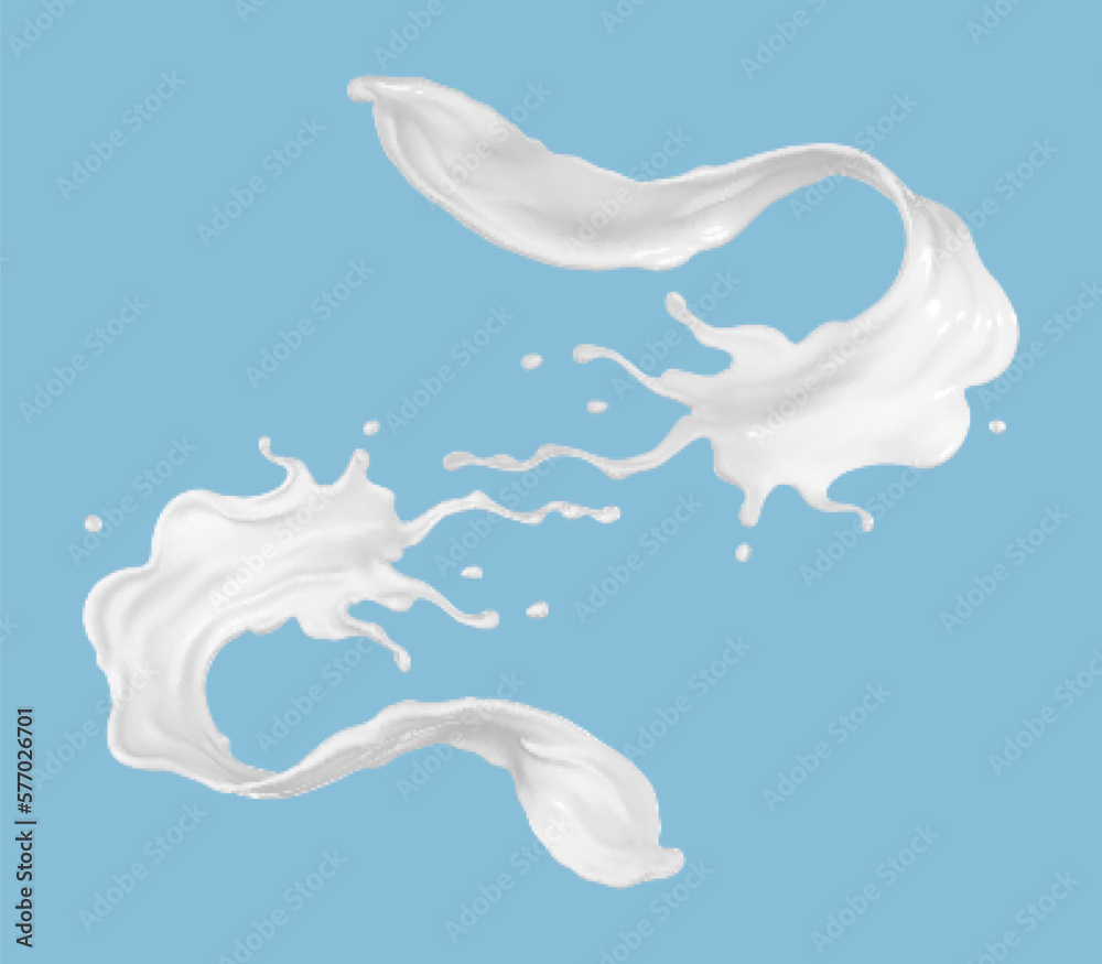 Milk splashes isolated on blue background. Liquid or yogurt splash. Vector 3d illustration