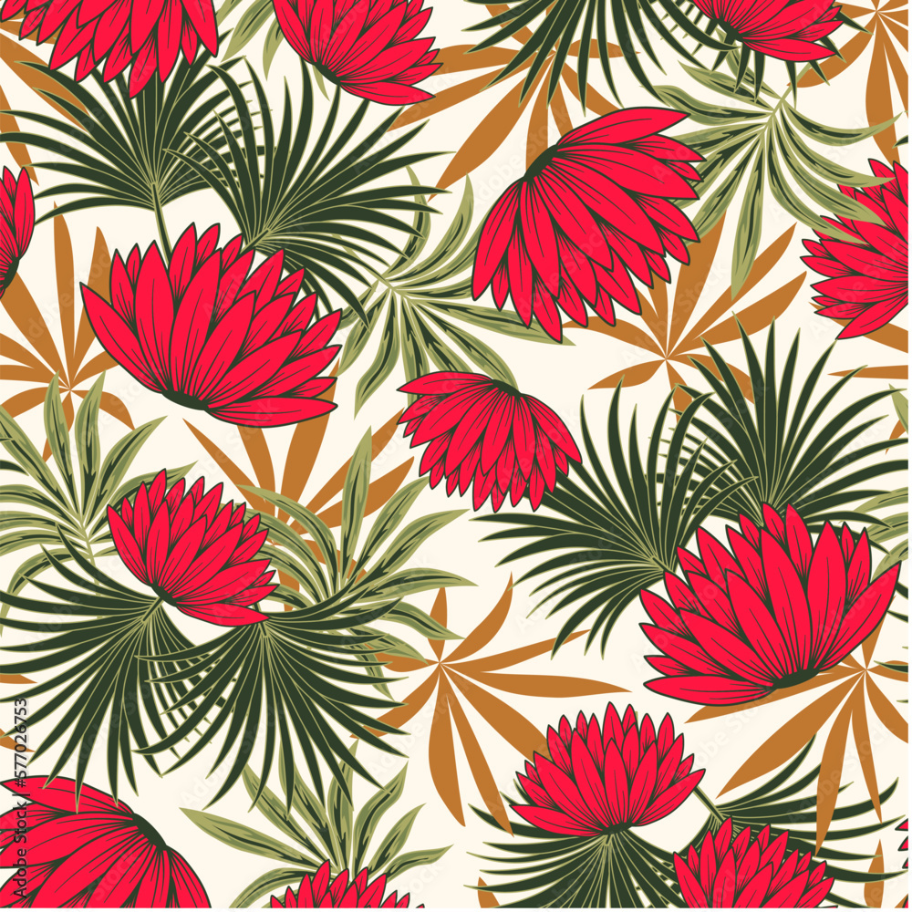 Fotobehang Tropische Bladeren Abstract seamless tropical pattern with bright plants and flowers on a beige background. Tropical botanical. Seamless exotic pattern with tropical plants. Beautiful exotic plants.  #577026753