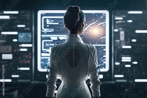 A woman in a white uniform looking at a large screen with a light on it biopunk cyberpunk art les automatistes photo