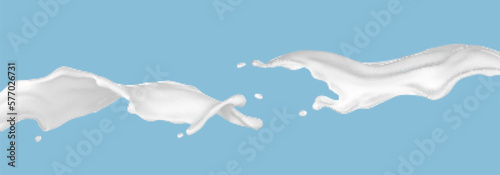 Milk splashes isolated on blue background. Liquid or yogurt splash. Vector 3d illustration