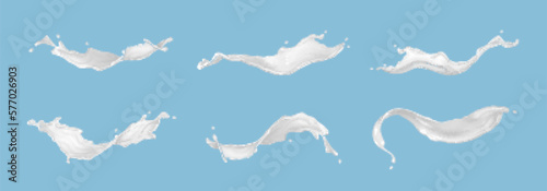Set of realistic milk splashes of various shape with drops isolated on blue background. Vector realistic illustration