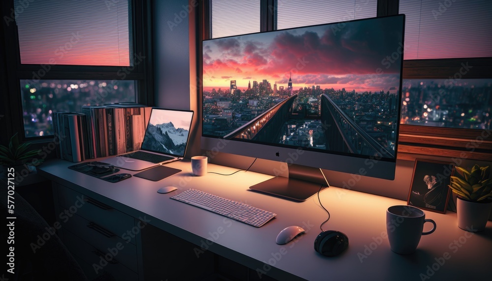 ภาพประกอบสต็อก A computer desk with a monitor and keyboard on it in front of a window with a