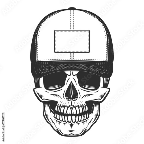 Skull in baseball cap in vintage monochrome style isolated vector illustration