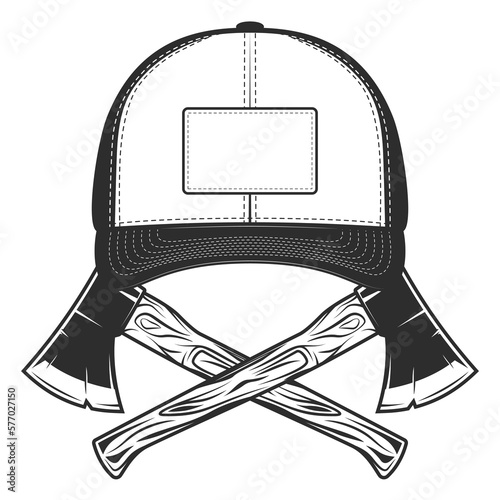 Baseball cap with axe lumberjack construction tool monochrome style vector illustration isolated on white background