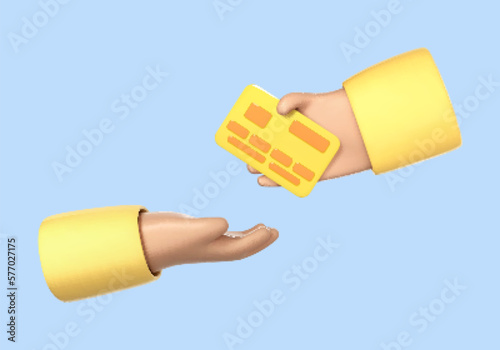 3D cartoon hand gives a debit or credit card to another person's hand. Cartoon hand holding credit card. Concept of payment. Vector 3d illustration.