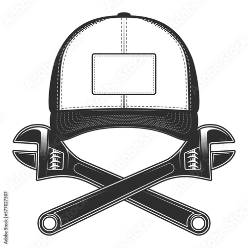 Baseball cap with construction adjustable wrench or business repair mechanic spanner tool monochrome style vector illustration isolated on white background