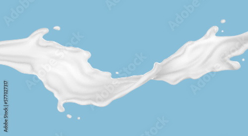 Milk or yogurt splash flow isolated on blue background. Vector realistic illustration