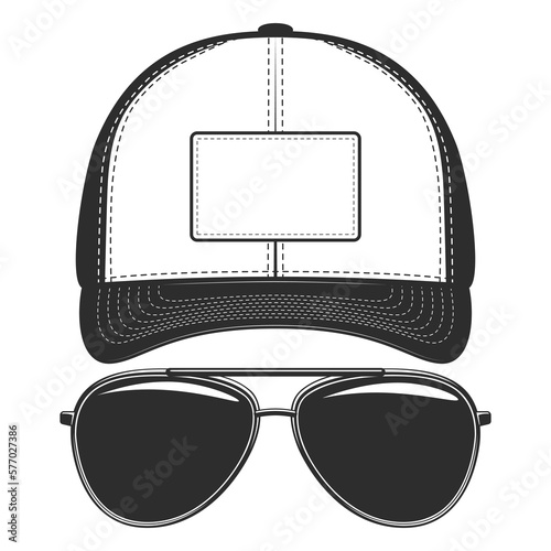 Baseball cap with sunglasses monochrome style vector illustration isolated on white background