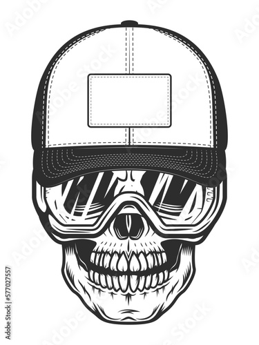 Skull in baseball cap with construction safety glasses in vintage monochrome style isolated vector illustration