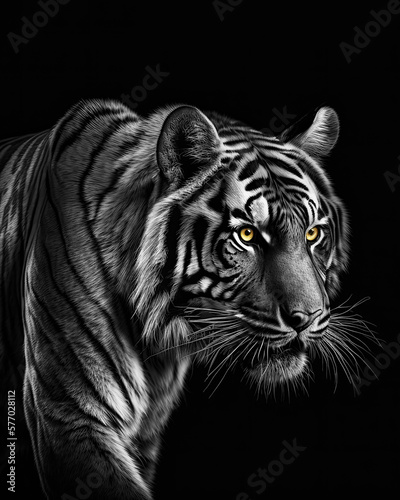 Generated photorealistic portrait of a walking tiger in black and white