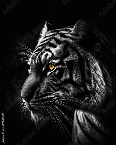Generated photorealistic portrait of a tiger in black and white on a black background