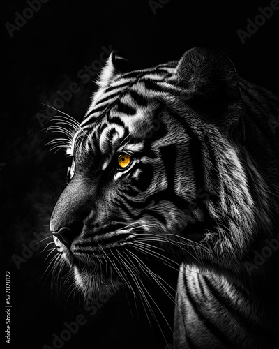 Generated photorealistic portrait of a tiger in black and white on a black background