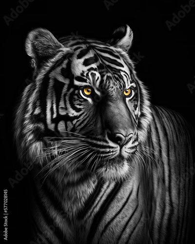 Generated photorealistic portrait of a wild tiger in black and white