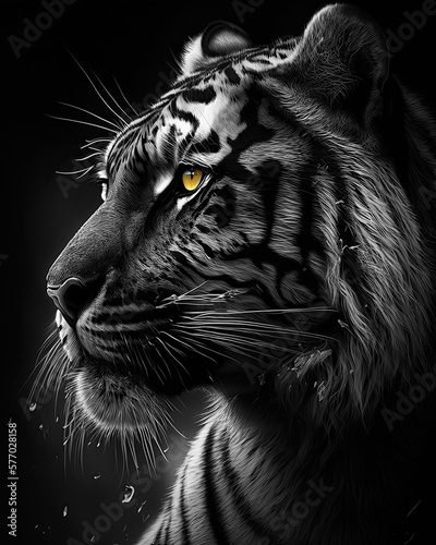 Murais de parede Generated photorealistic close-up portrait of a tiger in black and white on a bl