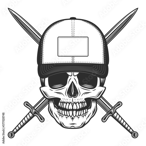 Skull in baseball cap with knight sword vintage vector illustration