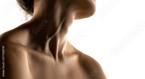 Принти на полотні The close-up of a young woman's neck and shoulders in the shadow on white backgr