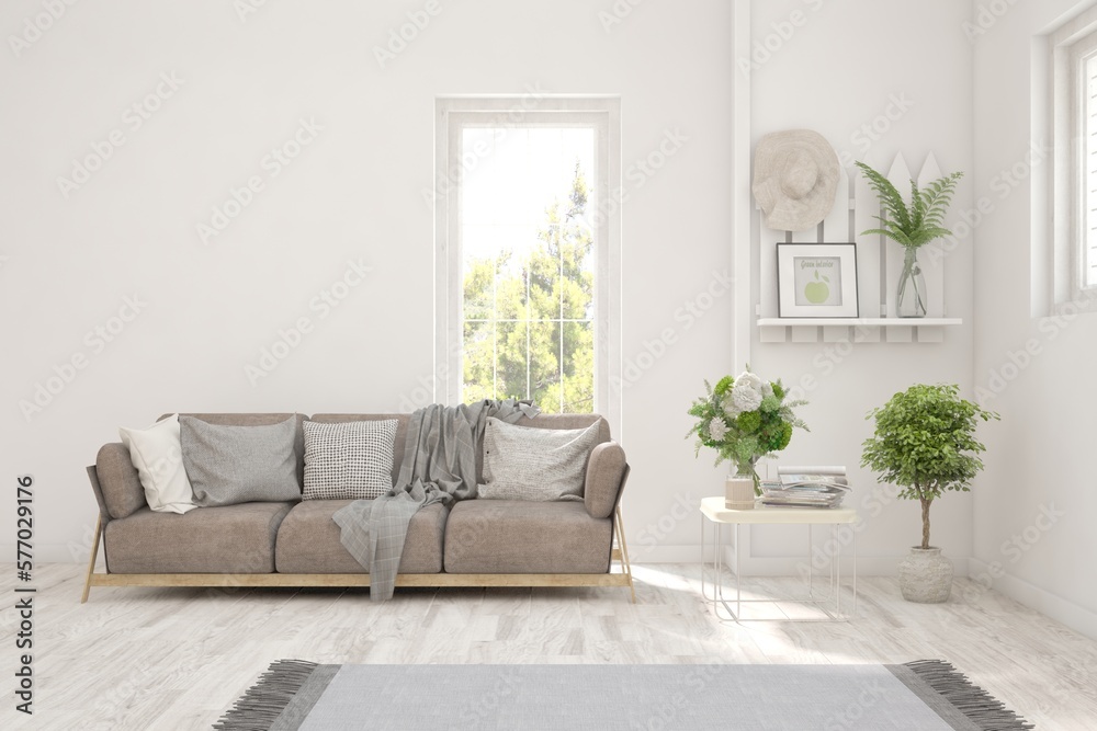 Fototapeta premium White modern interior design with sofa. Scandinavian interior design. 3D illustration