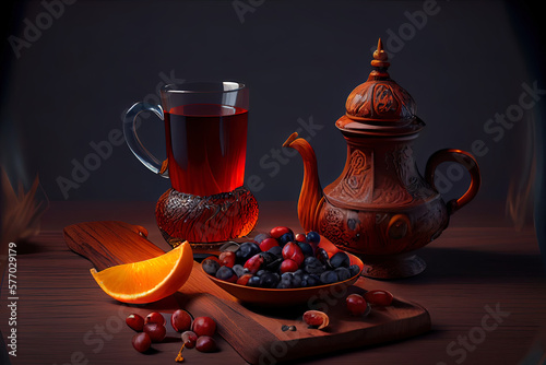 Traditional turkish arabic tea glasses and dried dates with spoons on wooden table. Generative Ai