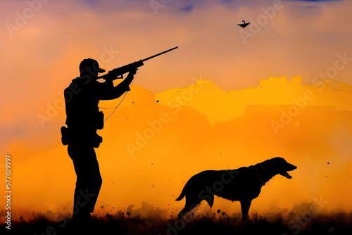 Watercolor illustration of a man with weapons in his hands, a hunter with a dog. Generative AI.