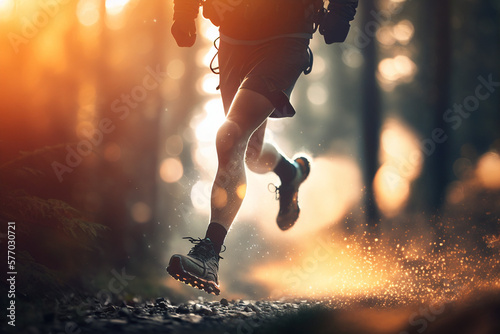 Trail runner running on forest path at dawn with abstract bokeh light created with Generative AI