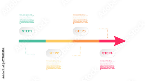 infographic template with four steps business process timeline information. rounded rectangle steps with color arrow line. graphic design element for corporate presentation on white background