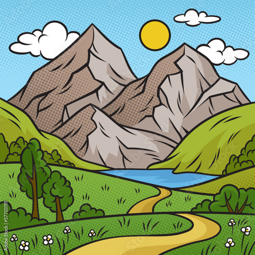 mountainous natural landscape pop art retro vector illustration. Comic book style imitation.