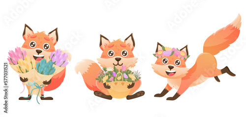 Spring banner set with cute fox  bouquet  bag of flowers. Vector cute fox character set.