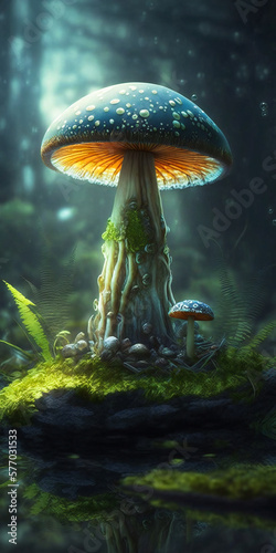 Illustration of a wet mushroom in the forest. Created with Generative AI technology.