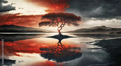 A lonely tree with its reflection on the water. Tranquility, calm, serenity concept. Created with Generative AI technology.