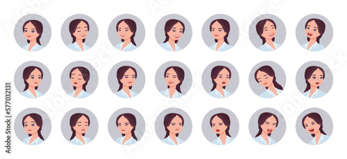 Effective businesswoman avatar, office manager portrait set business employee bundle. Different emotions face icons, character pic. Vector flat style cartoon circle set isolated on white background