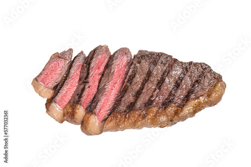 Fried and sliced Top sirloin steak, Grilled cup rump beef meat steak. Isolated, transparent background