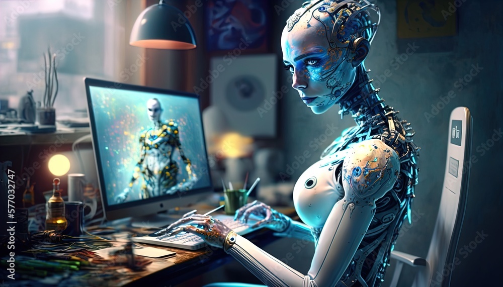 AI robot creating creative art, deep learning, NLP, diffusion, computer ...