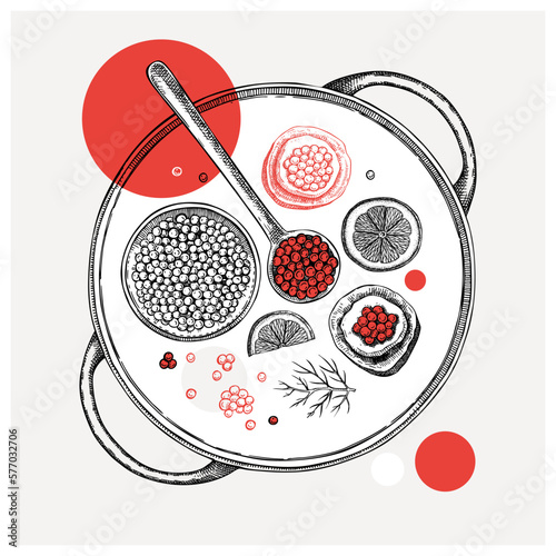 Hand-drawn tray with canned caviar, red caviar canape, lemons and dill illustrations. Finger food sketches set. Seafood delicacy drawings in collage style for restaurant menu design