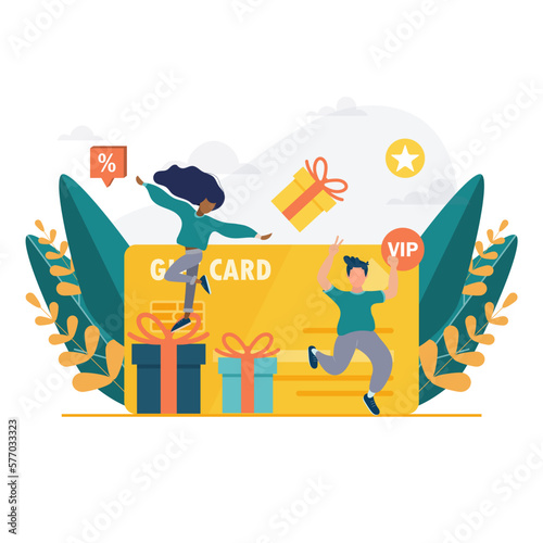 Customers receive a gift card. Cheerful people are happy with discount card, coupon or voucher. Vector illustration for sale, loyalty program, bonus, promotion concept
