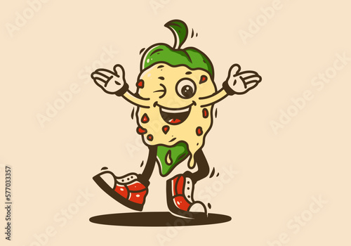Mascot character of walking Chiles en nogada wit happy face