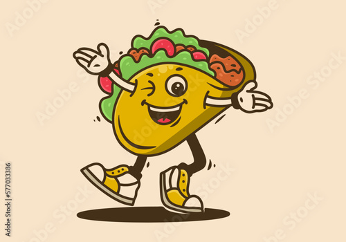 Mascot character of walking tacos with happy face