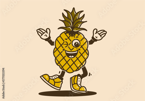 Mascot character of walking pineapple fruit with happy face