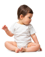 Cute baby in white onesie on transparent background