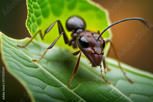 Close up of an ant eating a green leaf. Bugs and insects. Generative ai
