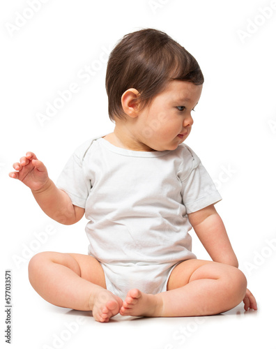 Cute baby in white onesie on transparent background
