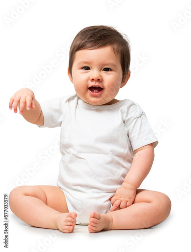 Cute baby in white onesie on transparent background