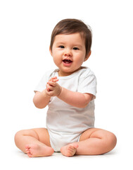 Cute baby in white onesie on transparent background