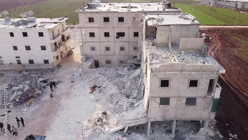 Turkey and Syria earthquake. Top view of buildings destroyed by the earthquake. photo