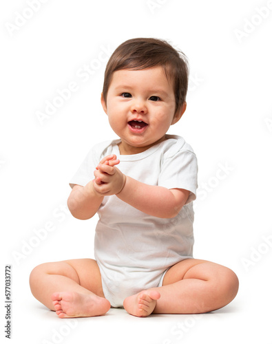 Cute baby in white onesie on transparent background