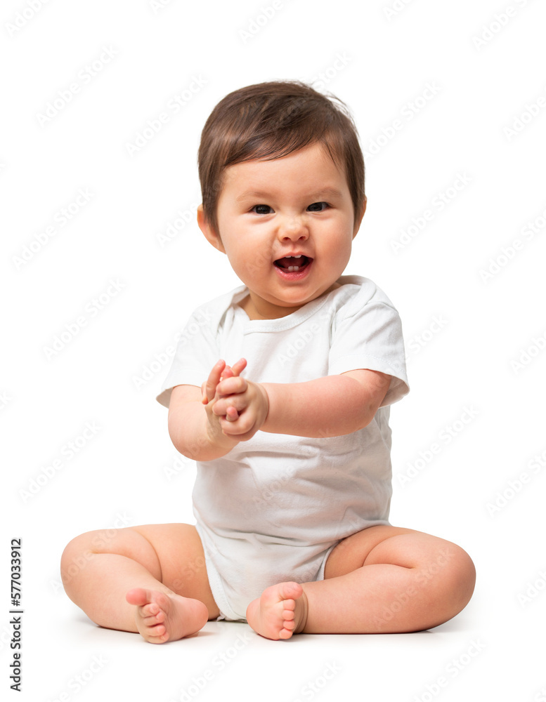 Cute baby in white onesie on transparent background Cute baby in white onesie on transparent background