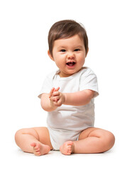 Cute baby in white onesie on transparent background