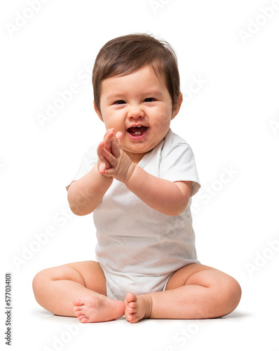 Cute baby in white onesie on transparent background