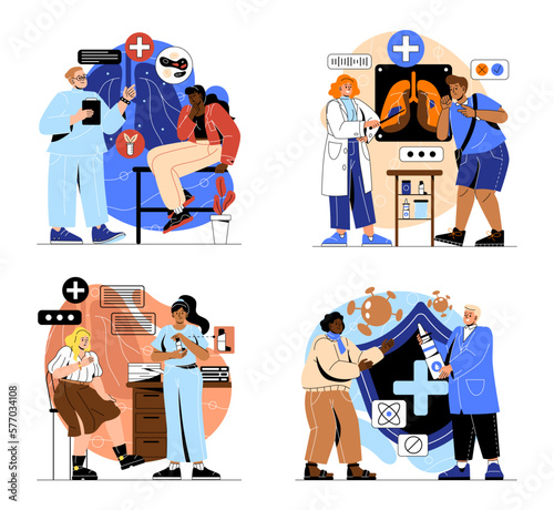 Respiratory illness. Set of characters or patients with flu, cough, bronchial asthma and infectious lung disease. Medicine and healthcare. Cartoon flat vector collection isolated on white background